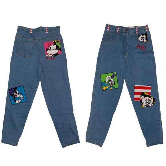 Disney VTG Mickey Mouse Patchwork Cotton Denim Straight Leg Jeans Size 11/12 - Picture 1 of 9